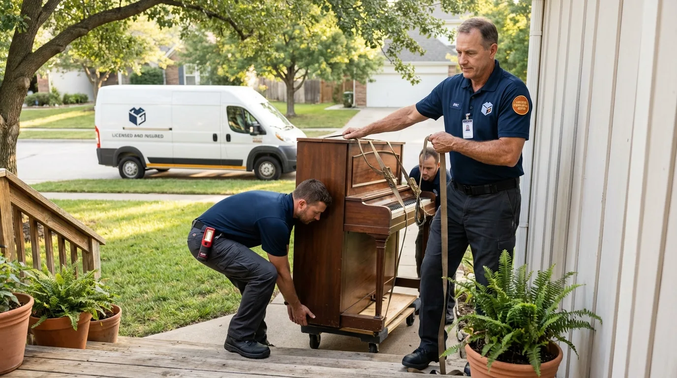Licensed piano movers securing grand piano in Battle Mountain, NV