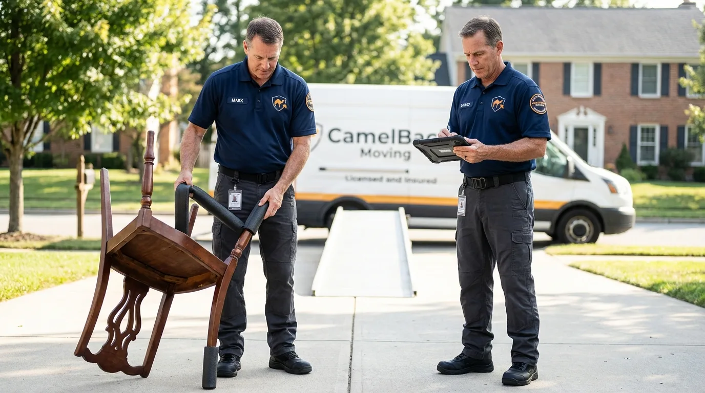 Movers inspecting furniture for damage prevention before loading in Battle Mountain, NV