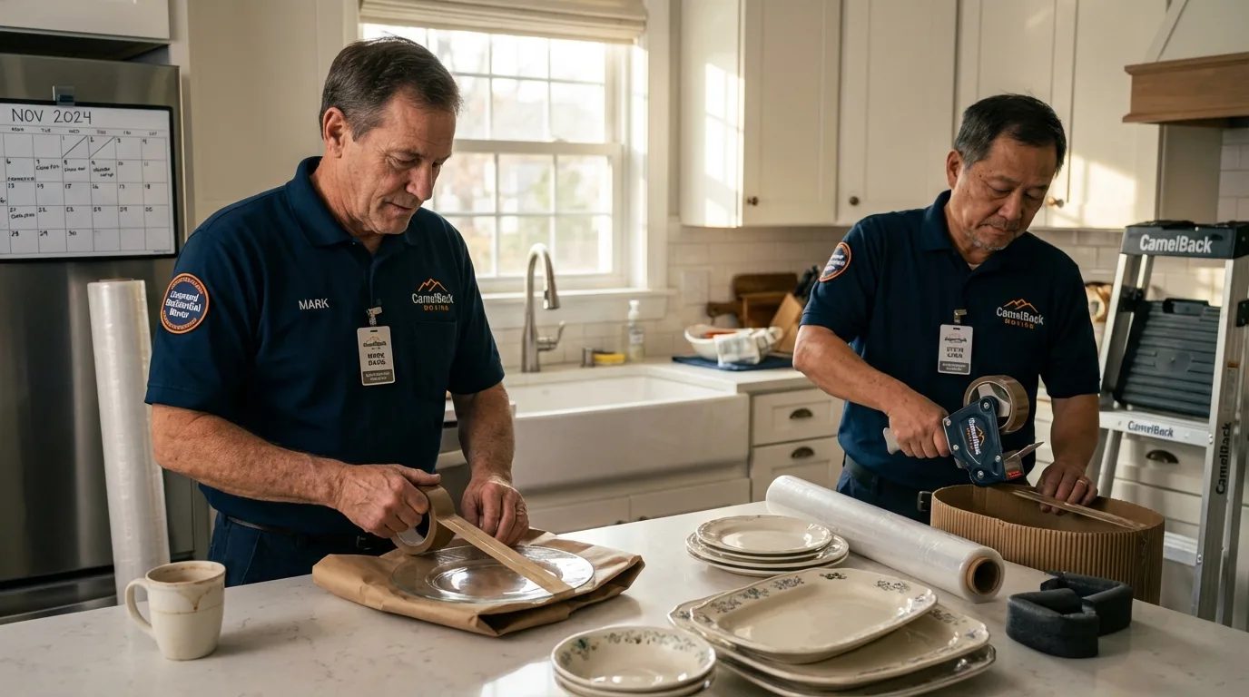 Professional crew packing kitchen dishware in Battle Mountain, NV